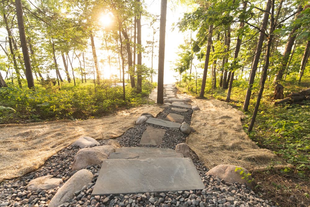 Stone pathway through a sunlit forest, leading towards a tranquil lake.